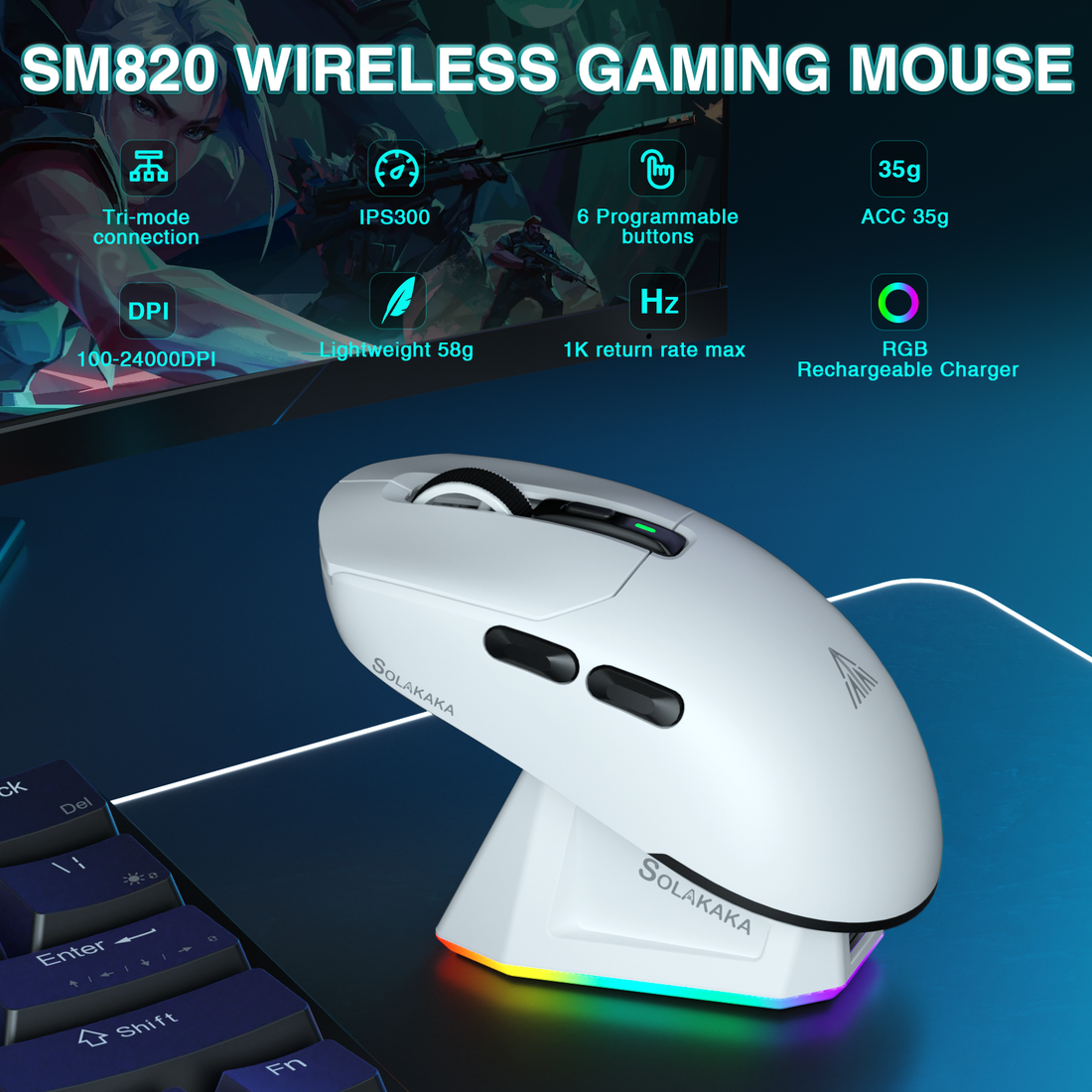 SM820 Tri-Mode Wireless RGB Gaming Mouse with Signal-Boosting Charging Dock